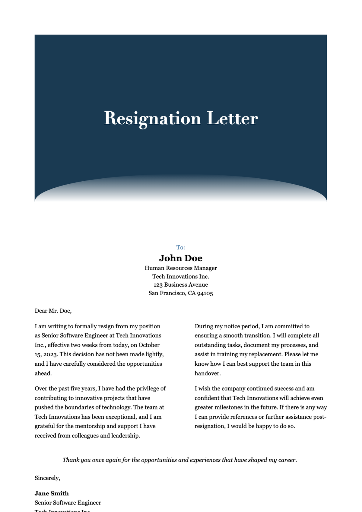 Professional resignation letter with blue header and formal closing_variant_3